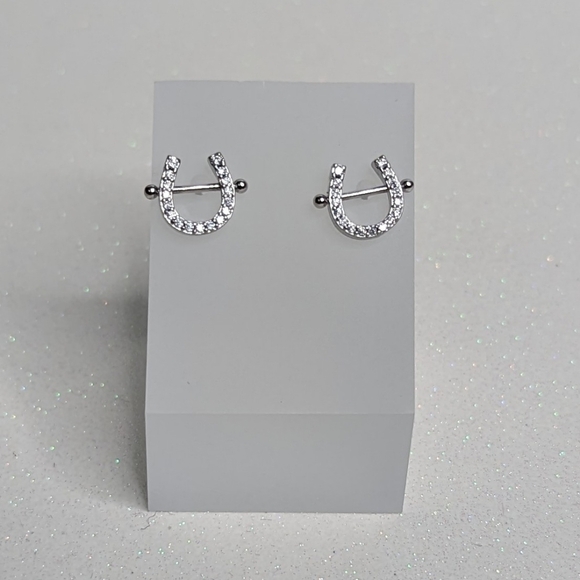 Horseshoe Shaped Silver Rhinestone Stud Earrings - Picture 2 of 6